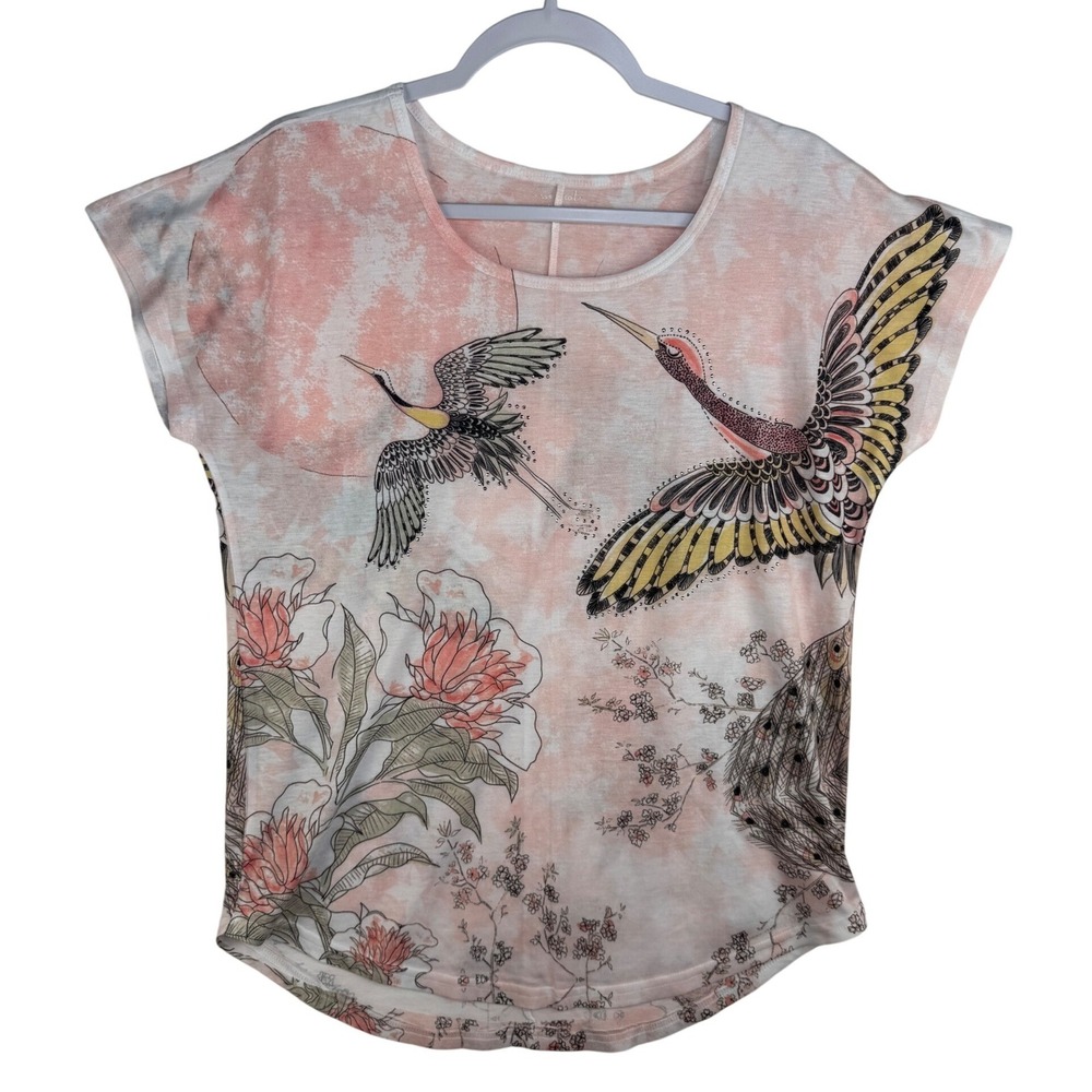 Essentials Milano Womens Crane Floral Rhinestone‎ Burnout Top Pink White Medium